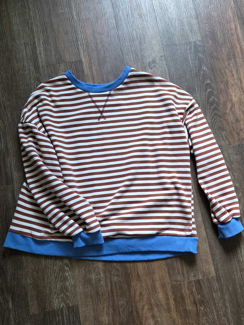 Striped Crewneck Sweatshirt in Rust, White & Blue Trim